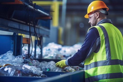 Mechanical engineer inspects waste recycling system in factory.