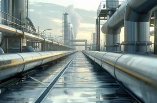 Long, large metal pipelines in an oil and gas extraction plant